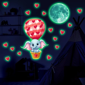 Glow in the dark elephant wall stickers with hot air balloon and moon for kids room decor