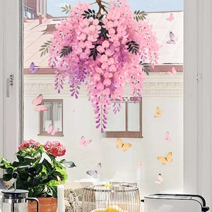 Pink wisteria and colorful butterflies double-sided electrostatic glass window decals