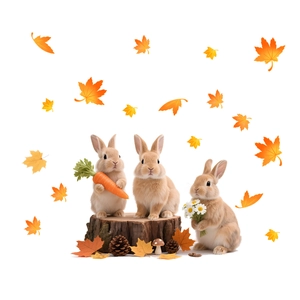 Stickers de fenêtre d'automne avec lapins réalistes, feuilles d'érable et pommes