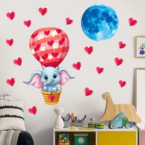 Luminous wall sticker with cartoon elephant in hot air balloon and blue moon decor