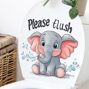 Close-up of cute cartoon elephant sticker with Please Flush sign on a white toilet