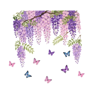 Elegant purple wisteria floral vines and colorful butterflies window static cling decals