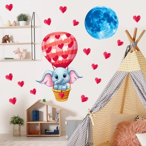 Detailed wall sticker layout featuring cartoon elephant on a hot air balloon with blue moon