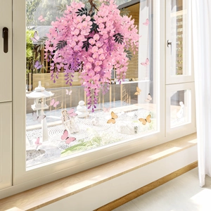 Pink wisteria and butterfly window clings static stickers for home decoration