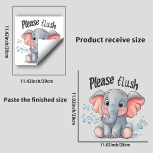 Luminous cute elephant toilet sticker with Please Flush message and product dimensions