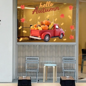Fall window clings with vintage truck pumpkins and maple leaves for autumn shop decoration