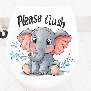 Close-up of cute cartoon elephant toilet sticker with Please Flush text on white cover