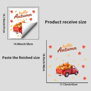Fall harvest window clings with red truck and pumpkin decorations for autumn home decor