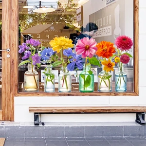 6Pcs Hydroponic Glass Vase Floral Window Stickers Static Cling PVC Waterproof Removable Decorative Decals For Home Windows