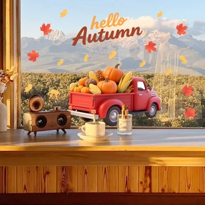 Harvest festive window sticker with a vintage red truck filled with pumpkins and corn