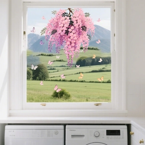Detailed view of pink wisteria and butterflies static cling stickers on a glass window