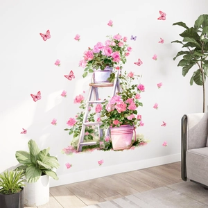 Watercolor rose flowers and ladder wall stickers set for living room and bedroom decor