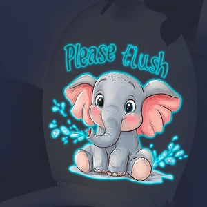 Luminous cute elephant sticker with Please Flush text on toilet lid in dark bathroom