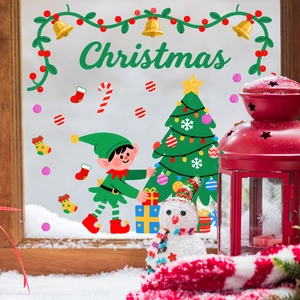 Cartoon Christmas PVC static window stickers set featuring elves and festive decor