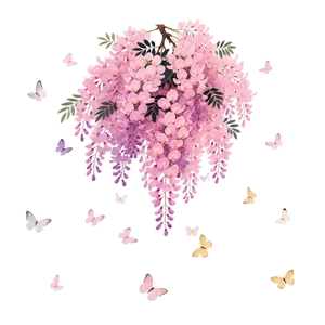 Pink wisteria flowers and colorful butterflies static glass stickers for wall decoration