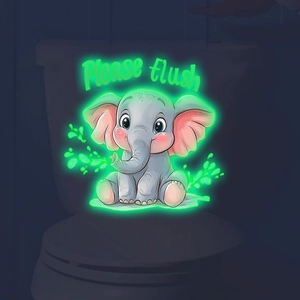 Luminous cute elephant wall sticker with 'Please flush' text for toilet decor