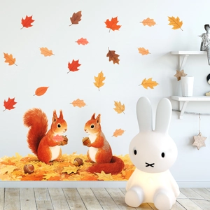 Autumn wall decals featuring realistic squirrels and colorful maple leaves for home decor
