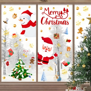 Christmas window stickers featuring Santa, snowman, and snowflakes for festive holiday glass decor