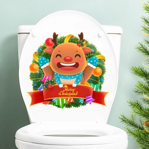 Autocollant Couvercle de Toilette Renne de Noël PVC Dessin Animé Couronne Joyeux Noël Décalcomanie Murale pour Salle de Bain