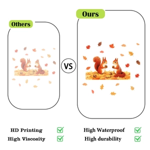 Detail showing HD printing and high viscosity of autumn squirrel and maple leaf wall stickers