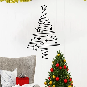 Minimalist Black Spiral Line Christmas Tree Wall Sticker With Stars PVC Removable Xmas Decor For Living Room Bedroom