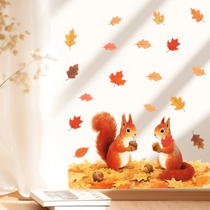 Creative autumn wall stickers with squirrels and maple leaves for cozy home decoration