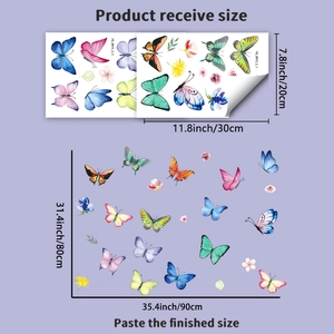 Stickers muraux papillons lumineux avec planche de 20x30cm et taille d'affichage de 90x80cm