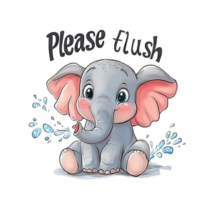 Luminous cartoon elephant wall sticker with 'Please flush' text on white background