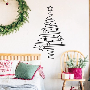 Minimalist black Christmas tree wall sticker with spiral lines and stars for home decor