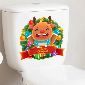 Sticker de toilette renne de Noël avec bannière Joyeux Noël et couronne de décoration