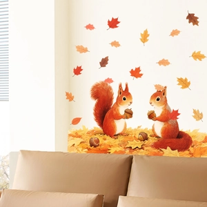 Detailed wall sticker set featuring squirrels with acorns and colorful autumn maple leaves