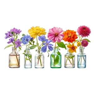 Set of six colorful static glass vase window stickers with vivid floral designs