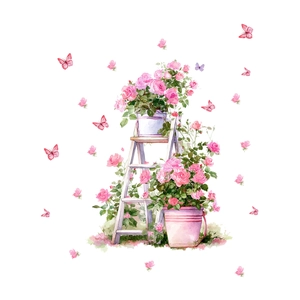 Watercolor floral wall sticker featuring pink roses on wooden stairs and flying butterflies