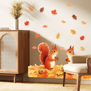 Detailed wall sticker showing autumn squirrels with maple leaves in warm orange tones