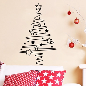 Minimalist black spiral Christmas tree wall sticker with stars for festive home decoration