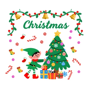 Cartoon Christmas PVC window cling featuring an elf, tree and gifts for mall decor