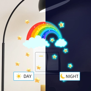 Luminous rainbow and star wall stickers showing day and night glowing effects comparison