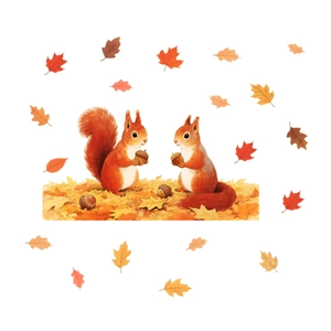 Autumn wall stickers featuring watercolor squirrels and vibrant maple leaves for room decor
