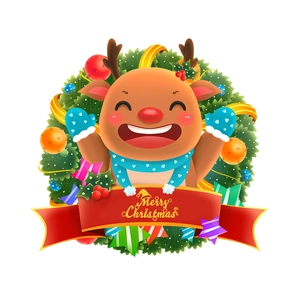 Sticker Noël renne dessin animé avec couronne et ruban Merry Christmas décoration