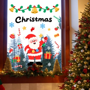 Detailed Christmas static window stickers with Santa and snowflakes on a glass pane