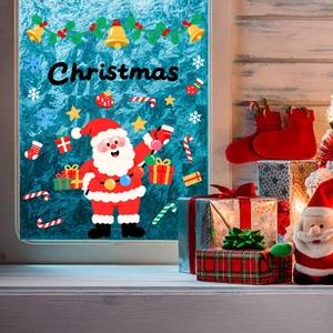 Cozy Christmas window decals featuring Santa, snowflakes, and festive gifts on glass