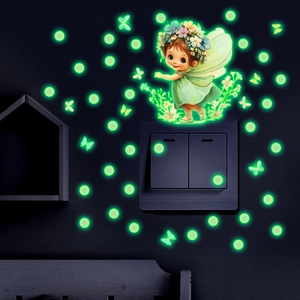 Luminous wall stickers set featuring a cartoon fairy, glowing butterflies and neon dots