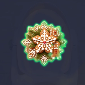Detail of gingerbread man and snowflake stickers with glowing green neon outlines