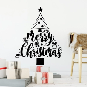 Merry Christmas Tree Wall Sticker Black PVC Removable Decal For Living Room Bedroom Holiday Home Decoration DIY Mural