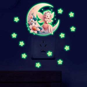 Set di Adesivi Murali Fata della Luna e Fiori Luminosi Stelle Fluorescenti in PVC Autoadesivi per Camera dei Bambini