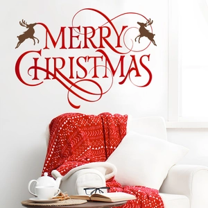Sticker mural Merry Christmas avec texte rouge et silhouettes de rennes marrons sur mur