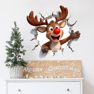 3D Christmas reindeer wall decal with realistic broken wall effect for festive home decor