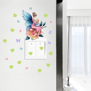 Close-up of fairy and baby on rose wall sticker with butterfly and heart accents