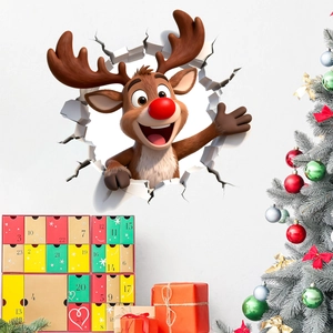 3D Christmas wall sticker featuring a cute reindeer popping out of a white wall crack