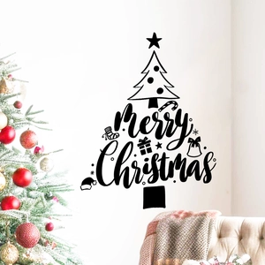 Detail of Merry Christmas wall decal with tree outline and holiday icons on white wall